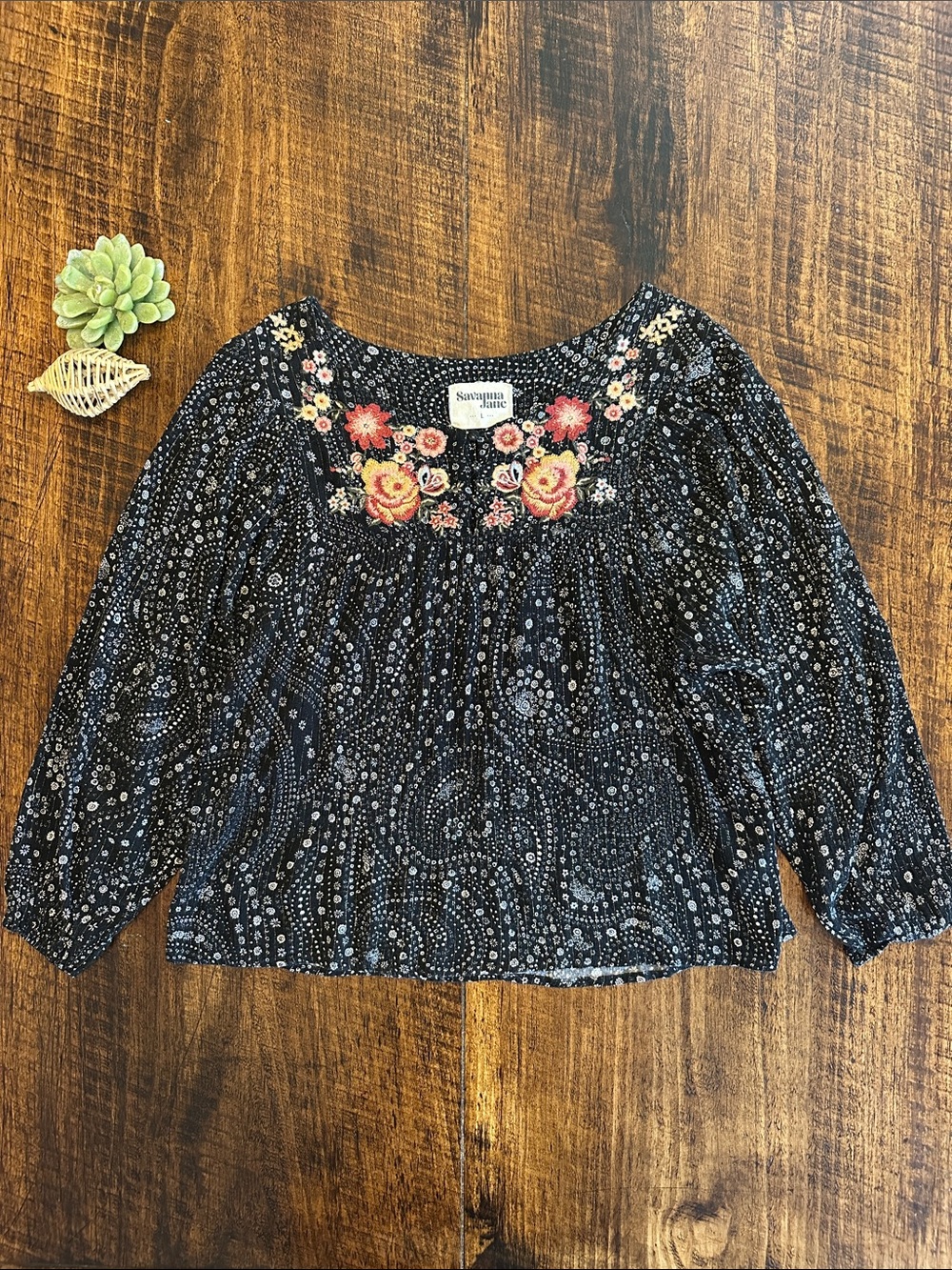 Savanna Jane | Black Embroidered Boho Peasant Blouse, Size L